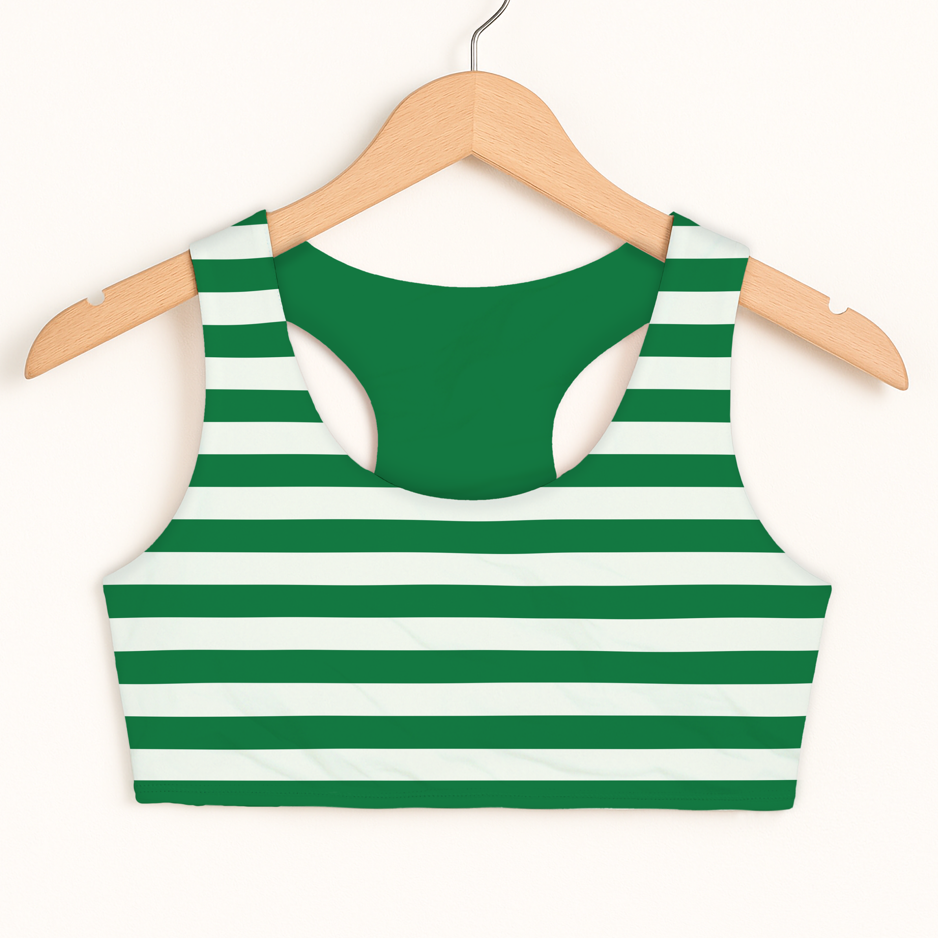 Girls green striped Christmas sports bra with racerback design double layered comfort and quick drying fabric viewed from back