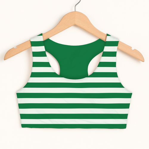 Girls green striped Christmas sports bra with racerback design double layered comfort and quick drying fabric viewed from back