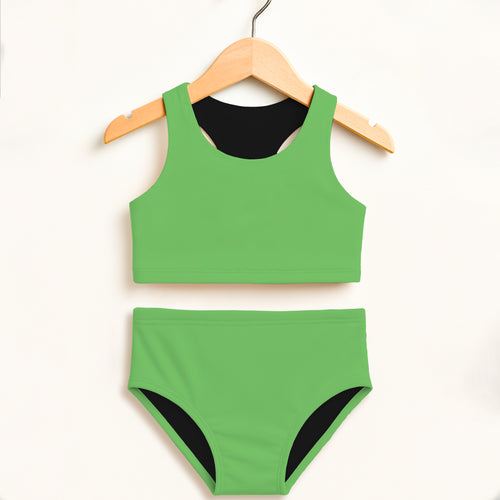 Back view of girls green two piece swimsuit with black lining high waisted double layered upf 50 plus protection