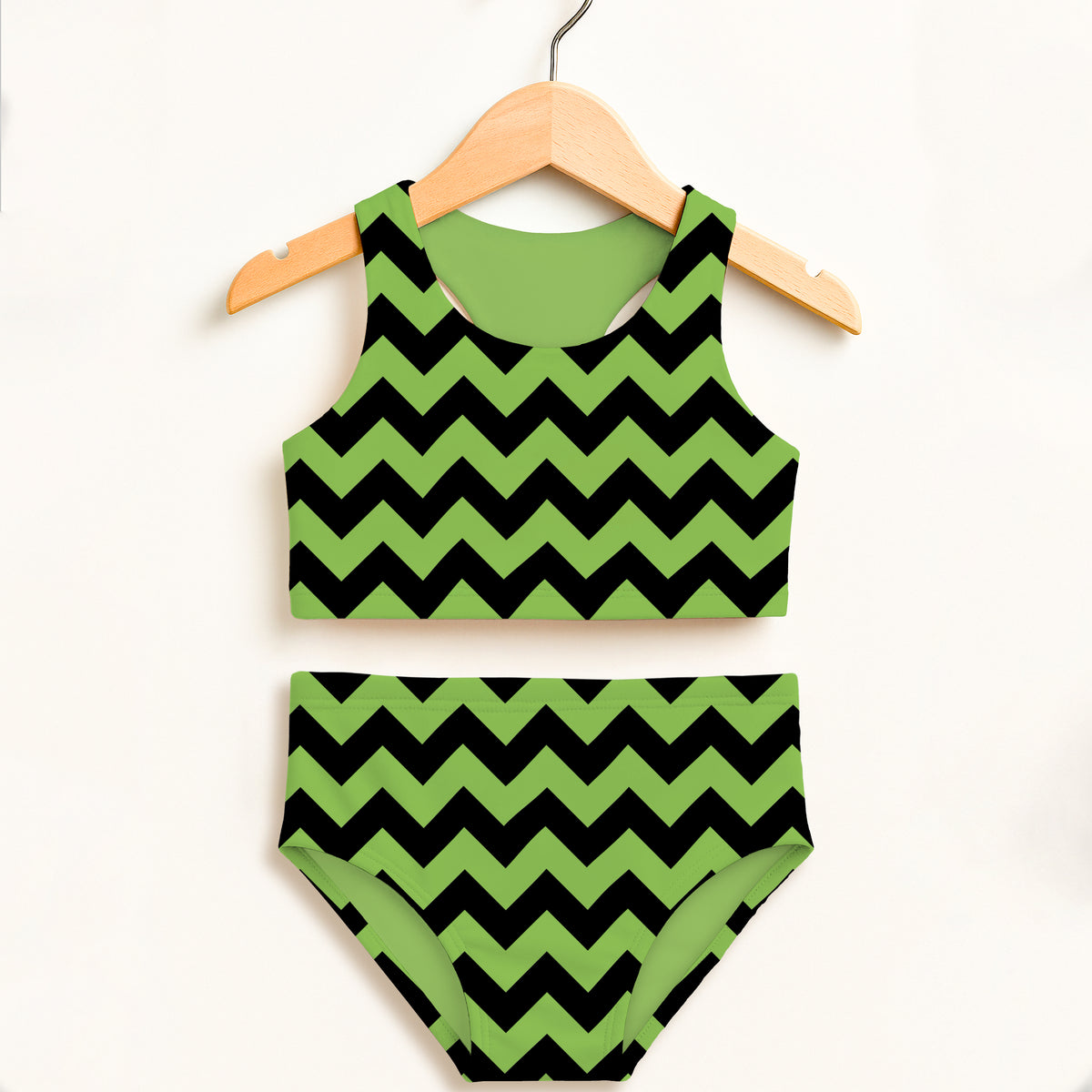 Girls Green Chevron Halloween Two Piece Swimsuit – Double Layered UPF 50+ High Waisted Comfort