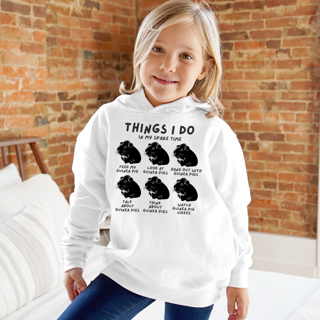 Kids white cotton hoodie with black guinea pig graphic and spare time activities text on front for casual wear