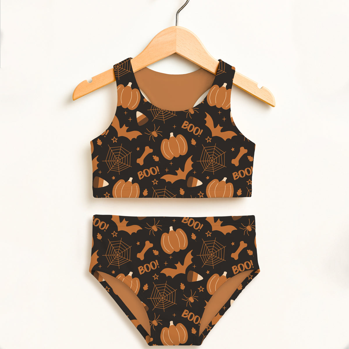 Girls Dark Orange Halloween Two Piece Swimsuit – Double Layered UPF 50+ High Waisted Comfort