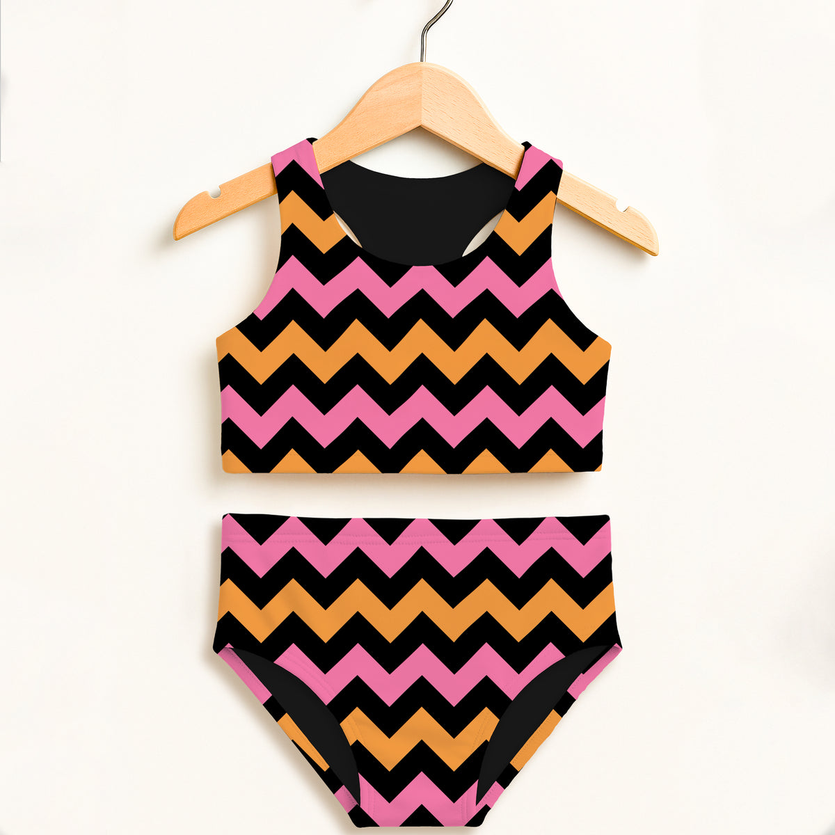 Girls Pink & Orange Black Chevron Halloween Two Piece Swimsuit – Double Layered UPF 50+ High Waisted Comfort