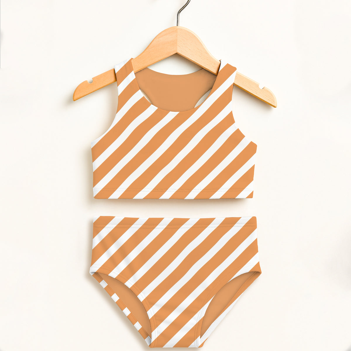 Girls Orange & White Diagonal Stripes Halloween Two Piece Swimsuit – Double Layered UPF 50+ High Waisted Comfort