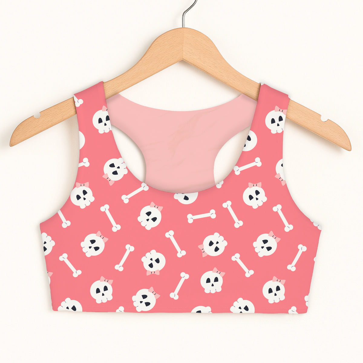 Girls Pink Skull Halloween Sports Bra - Quick Drying, Double Layered Comfort