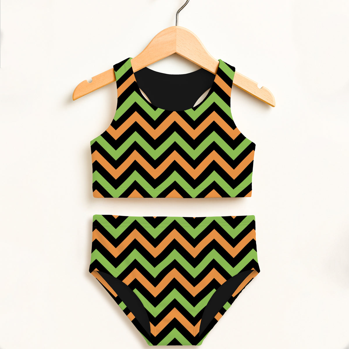 Girls Green & Orange Black Chevron Halloween Two Piece Swimsuit – Double Layered UPF 50+ High Waisted Comfort
