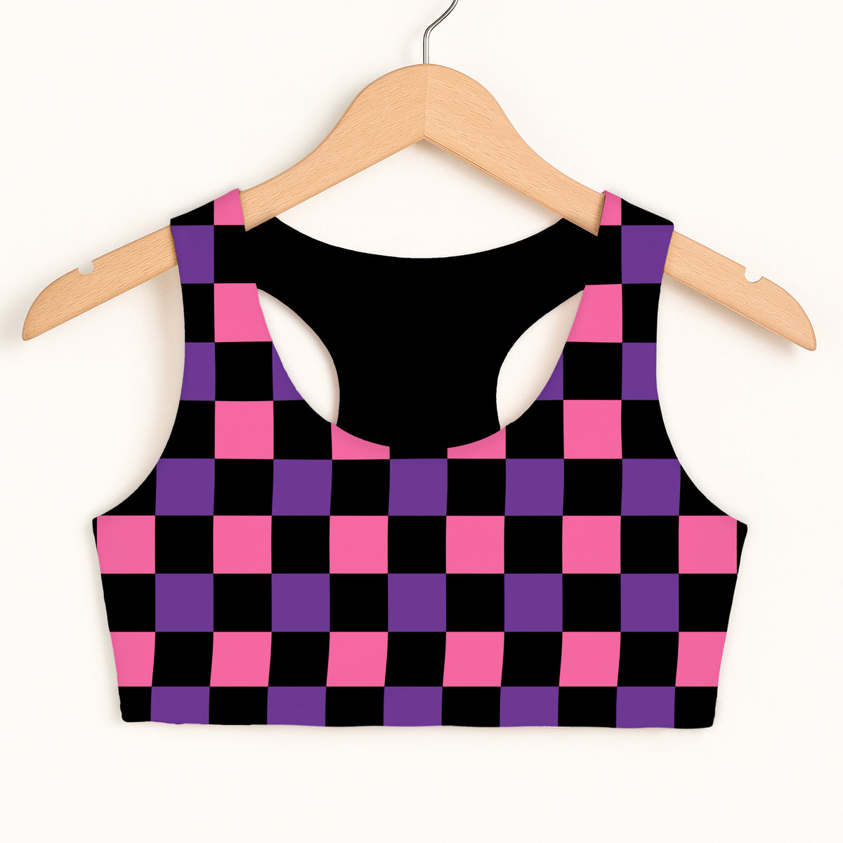 Girls Pink & Purple Checkered Halloween Sports Bra - Quick Drying, Double Layered Comfort