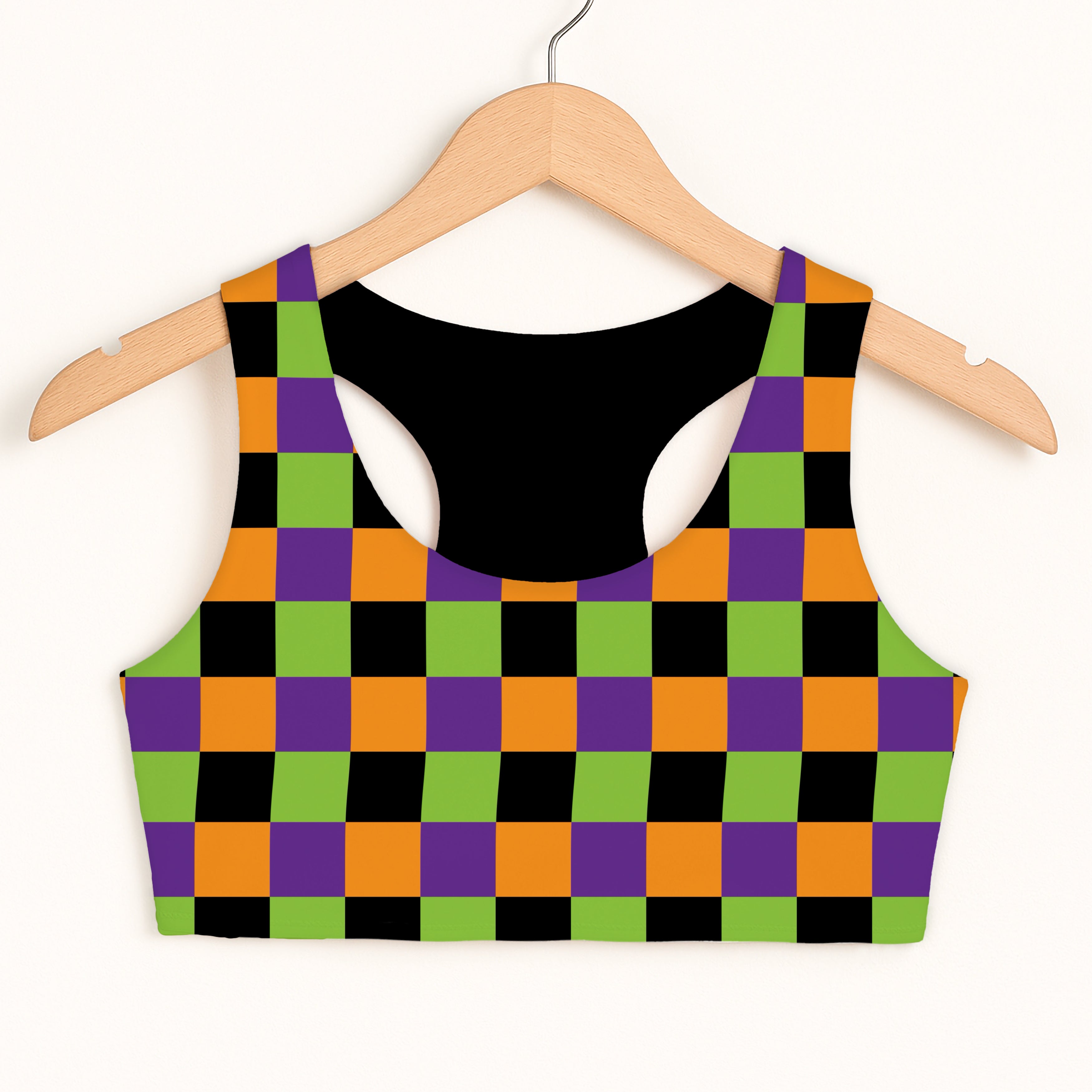 Girls Halloween Checkerboard Sports Bra - Quick Drying, Double Layered Comfort