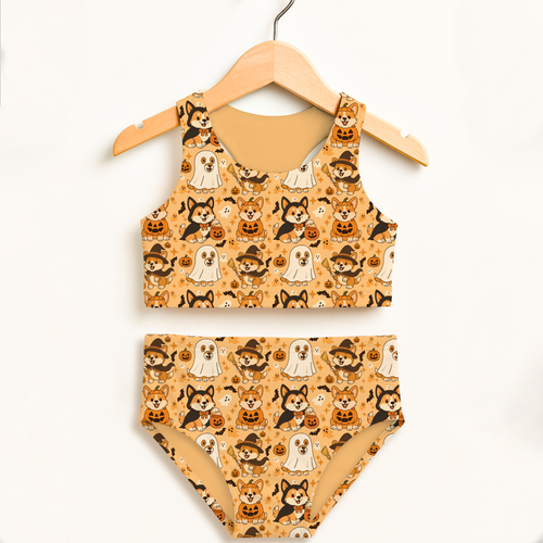 Girls halloween corgi dog two piece swimsuit with corgis ghosts pumpkins on orange soft fabric upf 50+ high waisted