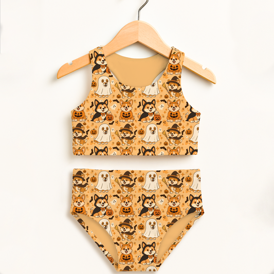 Girls Halloween Corgi Dog Two Piece Swimsuit – High Waisted, Double Layered Comfort