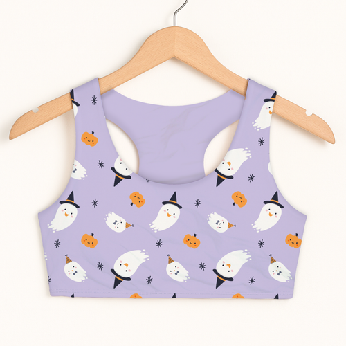 Girls ghost witch halloween sports bra in lavender with white ghosts and orange pumpkins quick drying double layered comfort