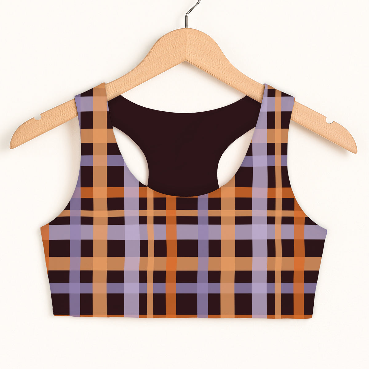 Girls Orange Purple Plaid Halloween Sports Bra - Quick Drying, Double Layered Comfort