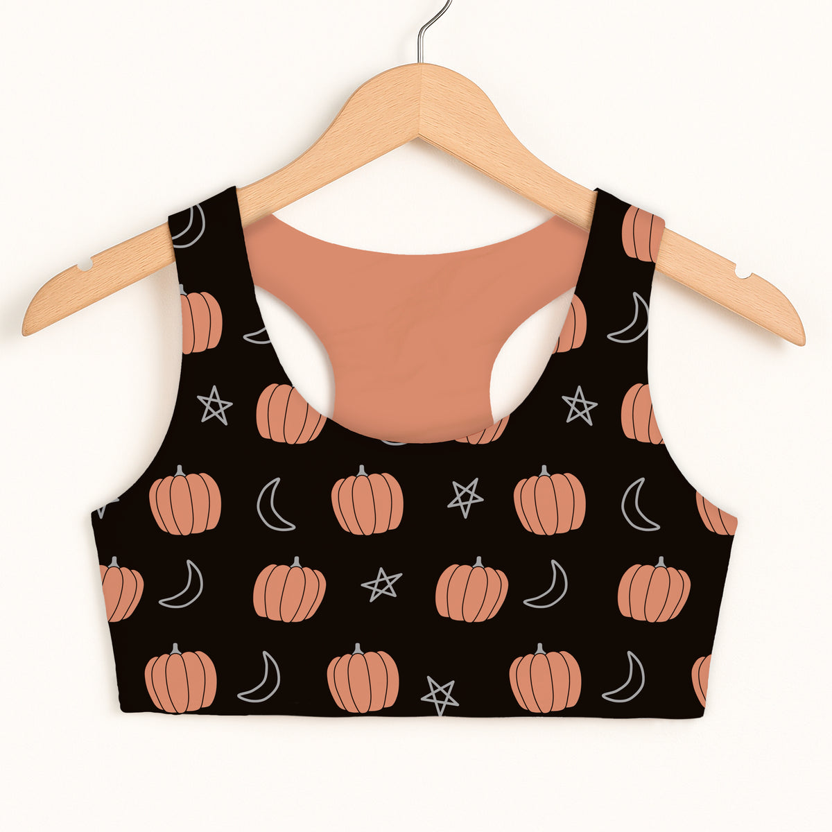 Girls Pumpkin Moon Halloween Sports Bra - Quick Drying, Double Layered Comfort