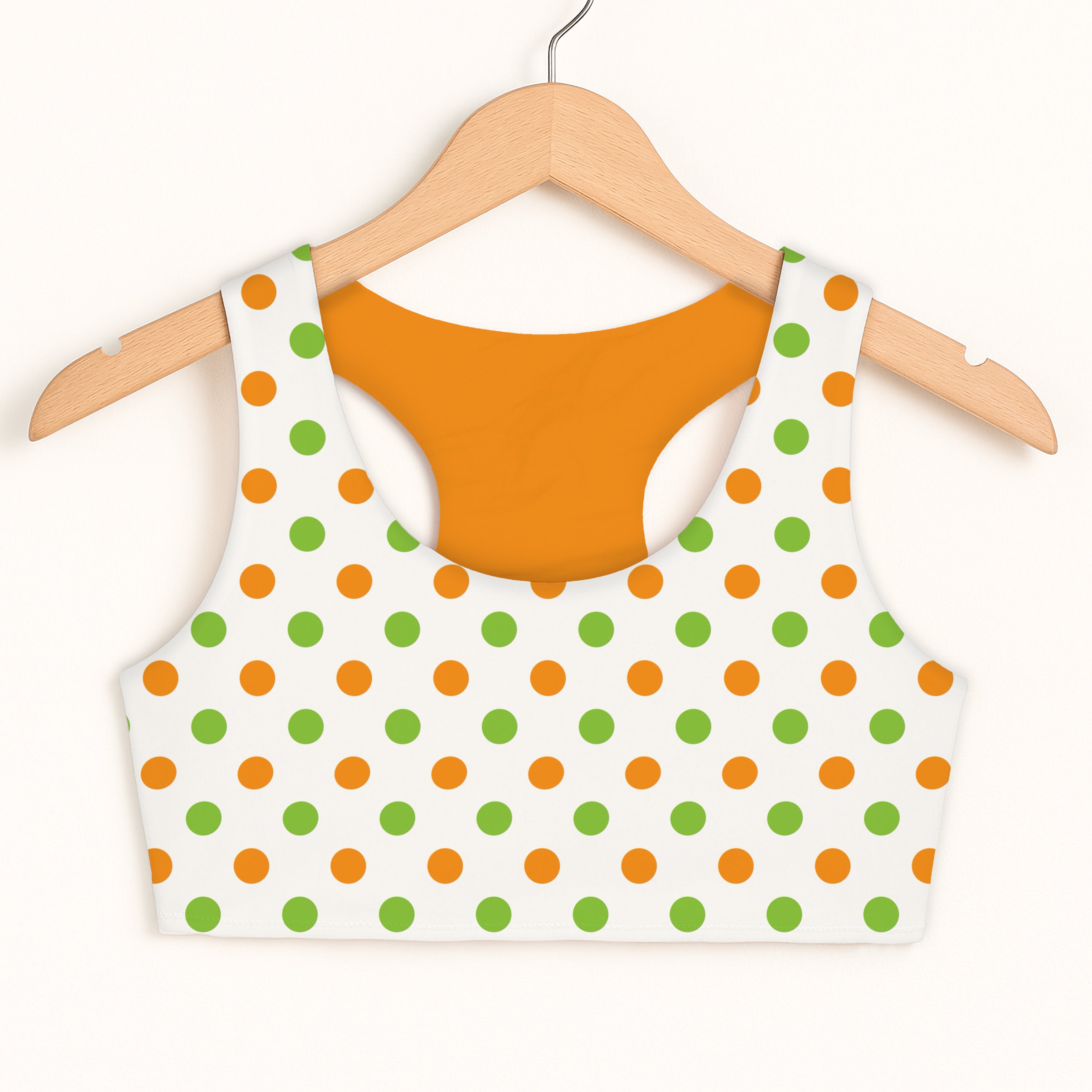 Girls Orange & Green Polka Dot Halloween Sports Bra - Quick Drying, Double Layered Comfort