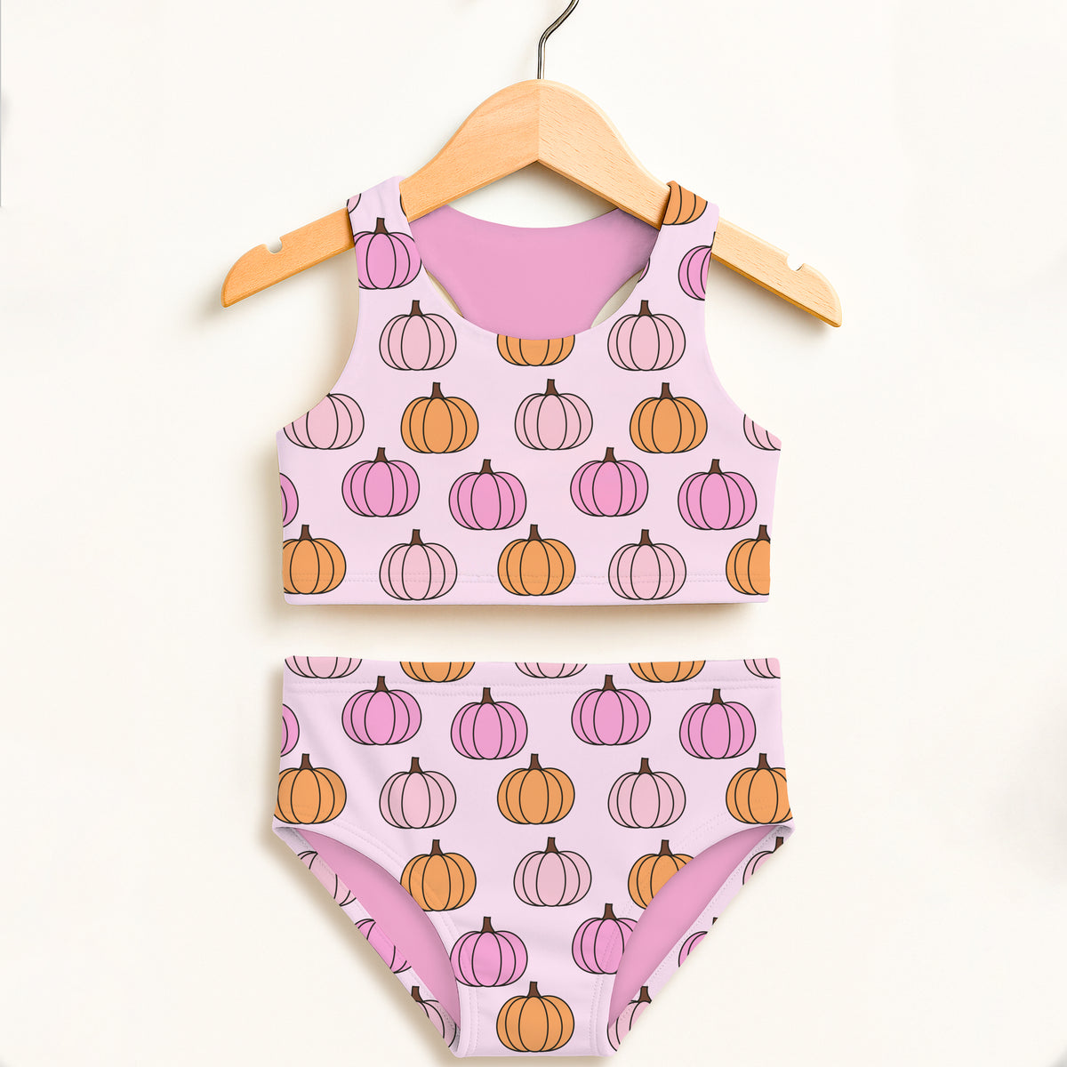 Girls Pink Pumpkin Patch Two Piece Swimsuit – Double Layered UPF 50+ High Waisted Comfort