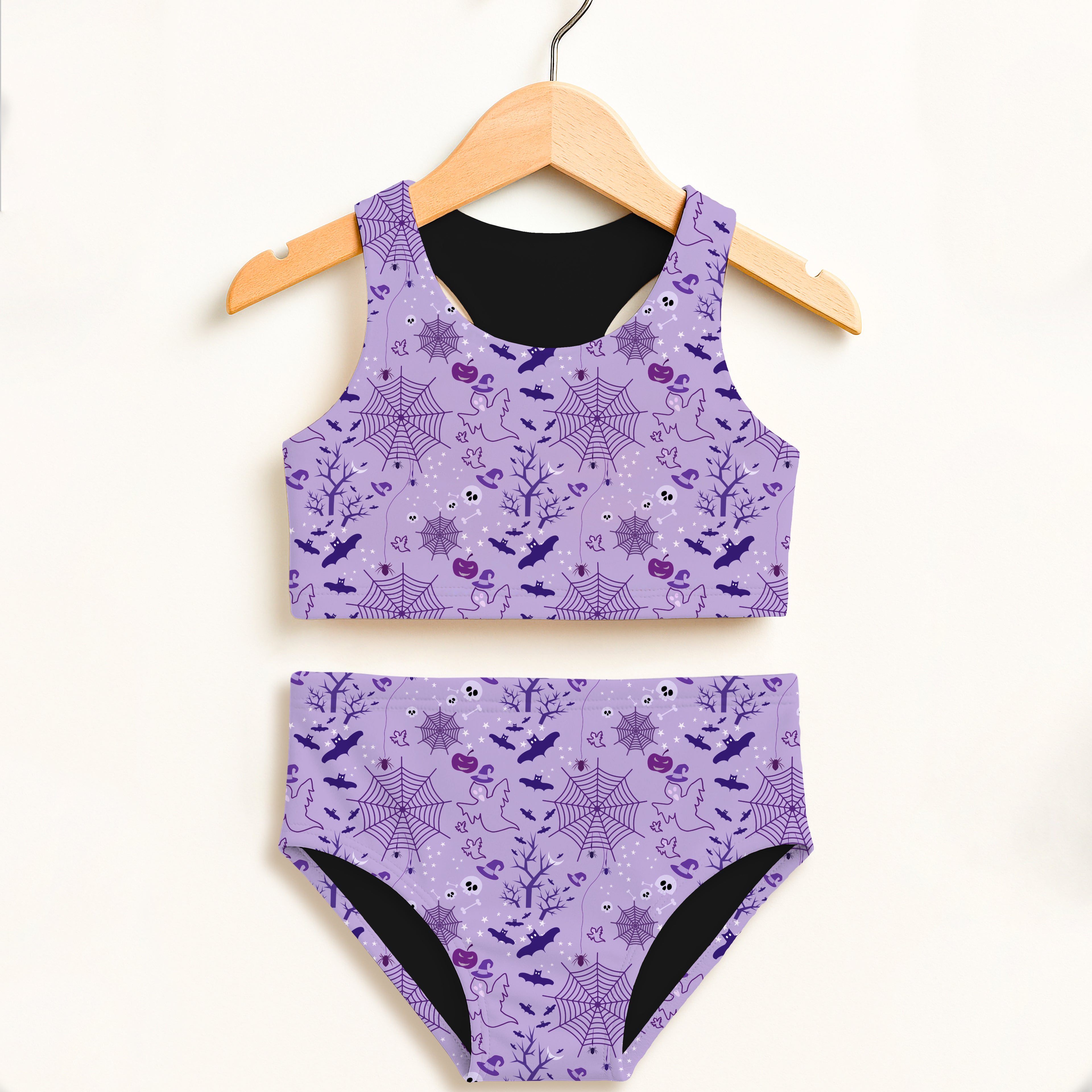 Girls Purple Ghost Bat Spider Web Halloween Two Piece Swimsuit – Double Layered UPF 50+ High Waisted Comfort