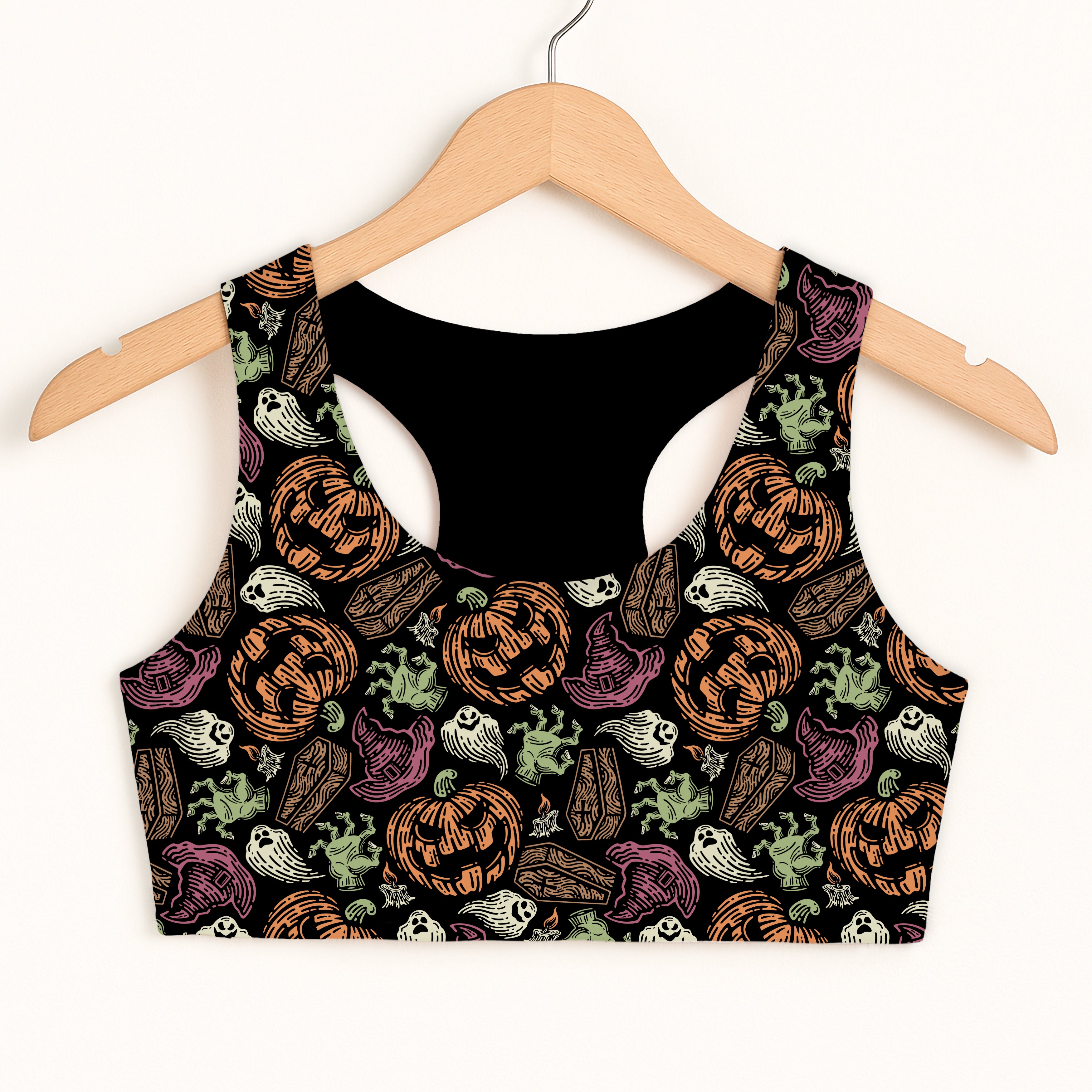 Girls Spooky Pumpkins Halloween Sports Bra - Quick Drying, Double Layered Comfort