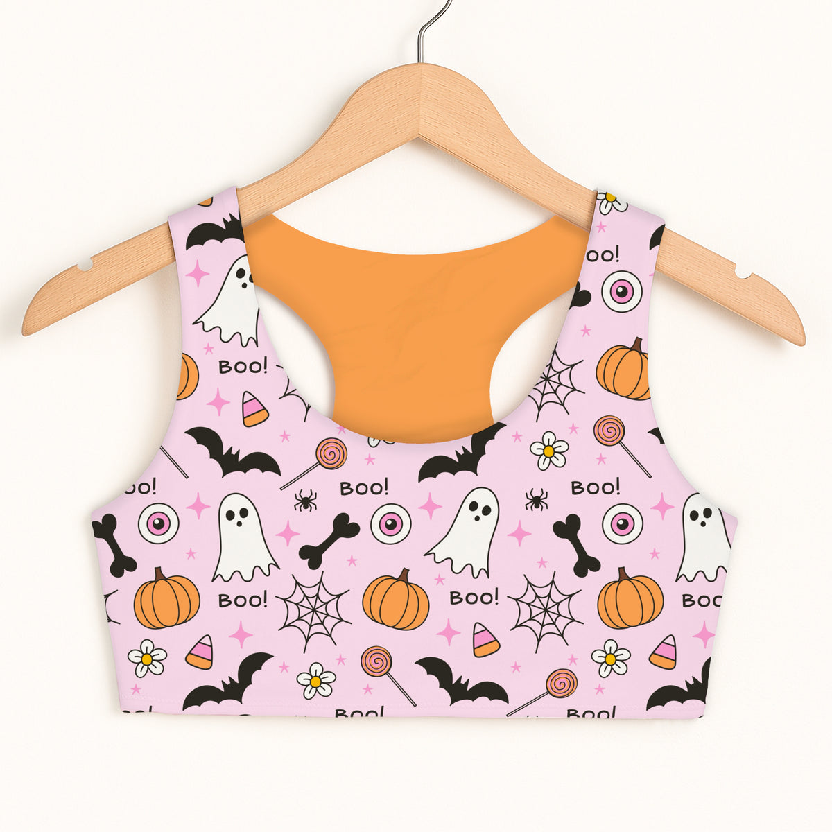 Girls Pink Ghost Pumpkin Halloween Sports Bra - Quick Drying, Double Layered Comfort