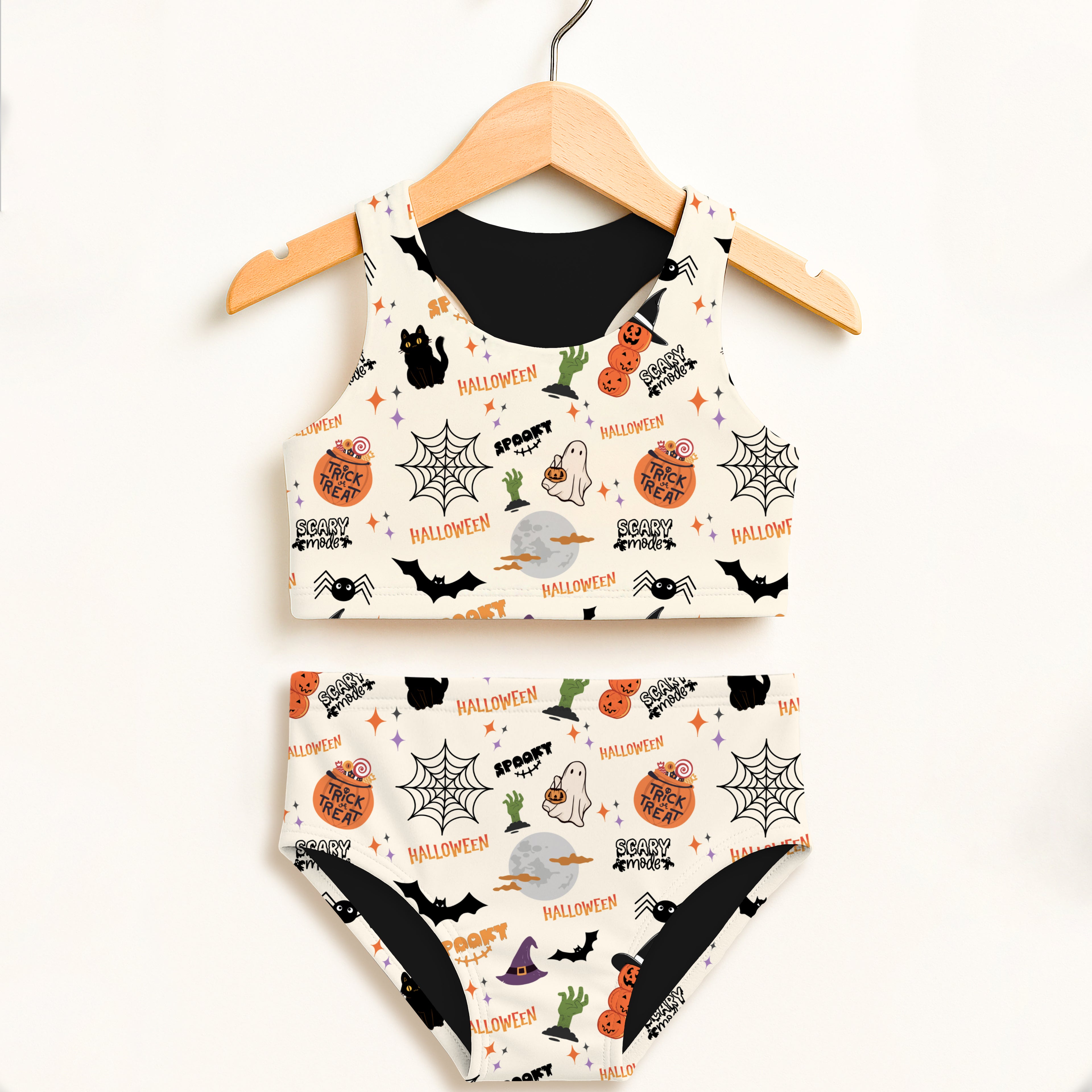 Girls Spooky Ghost Pumpkin Bat Halloween Two Piece Swimsuit – Double Layered UPF 50+ High Waisted Comfort