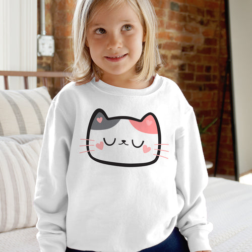 White long-sleeved girls heart cat sweatshirt with cute gray and pink calico kitty face fleece pullover for kids
