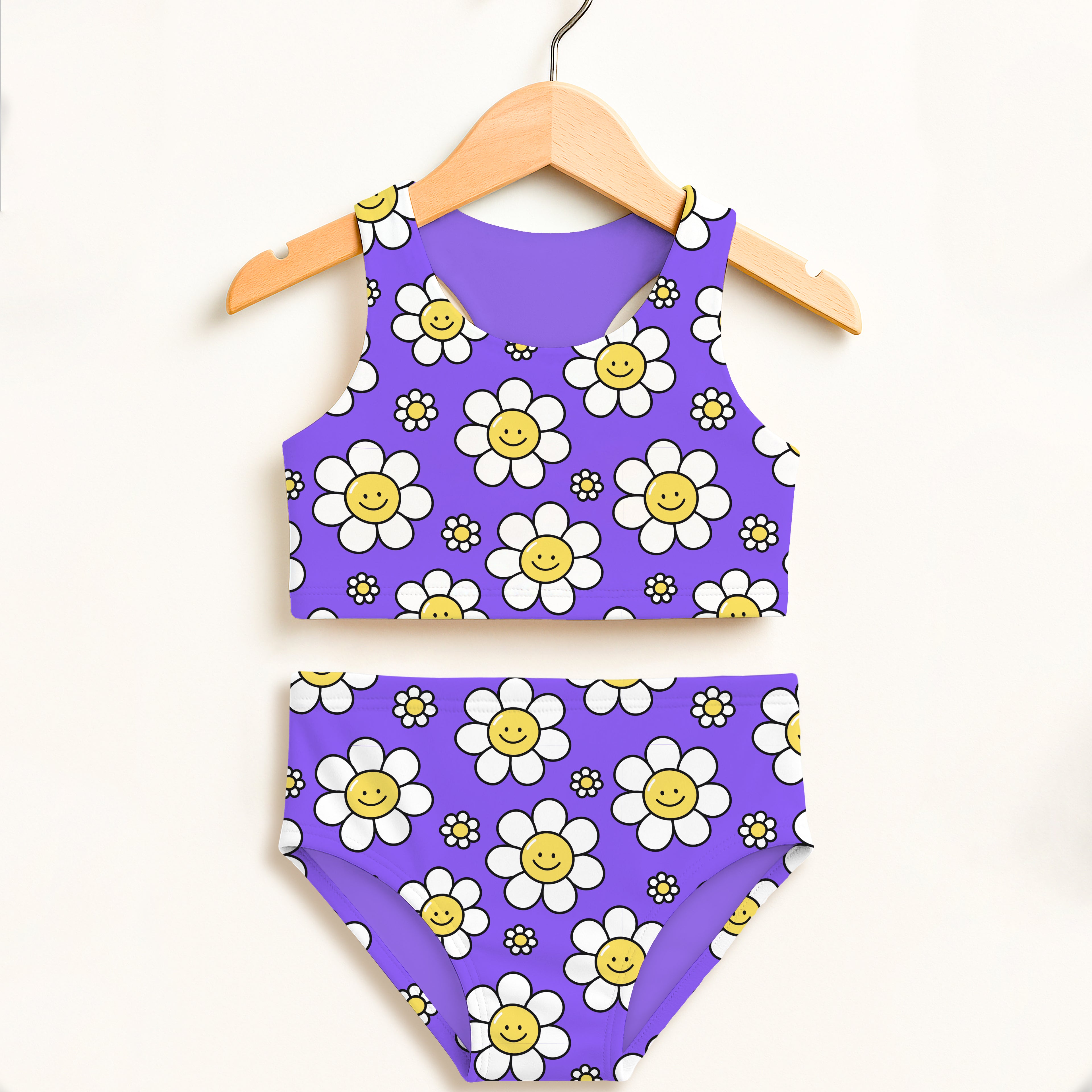Girls purple smile face daisy two piece swimsuit with cheerful white daisies double layered upf 50 plus high waisted comfort