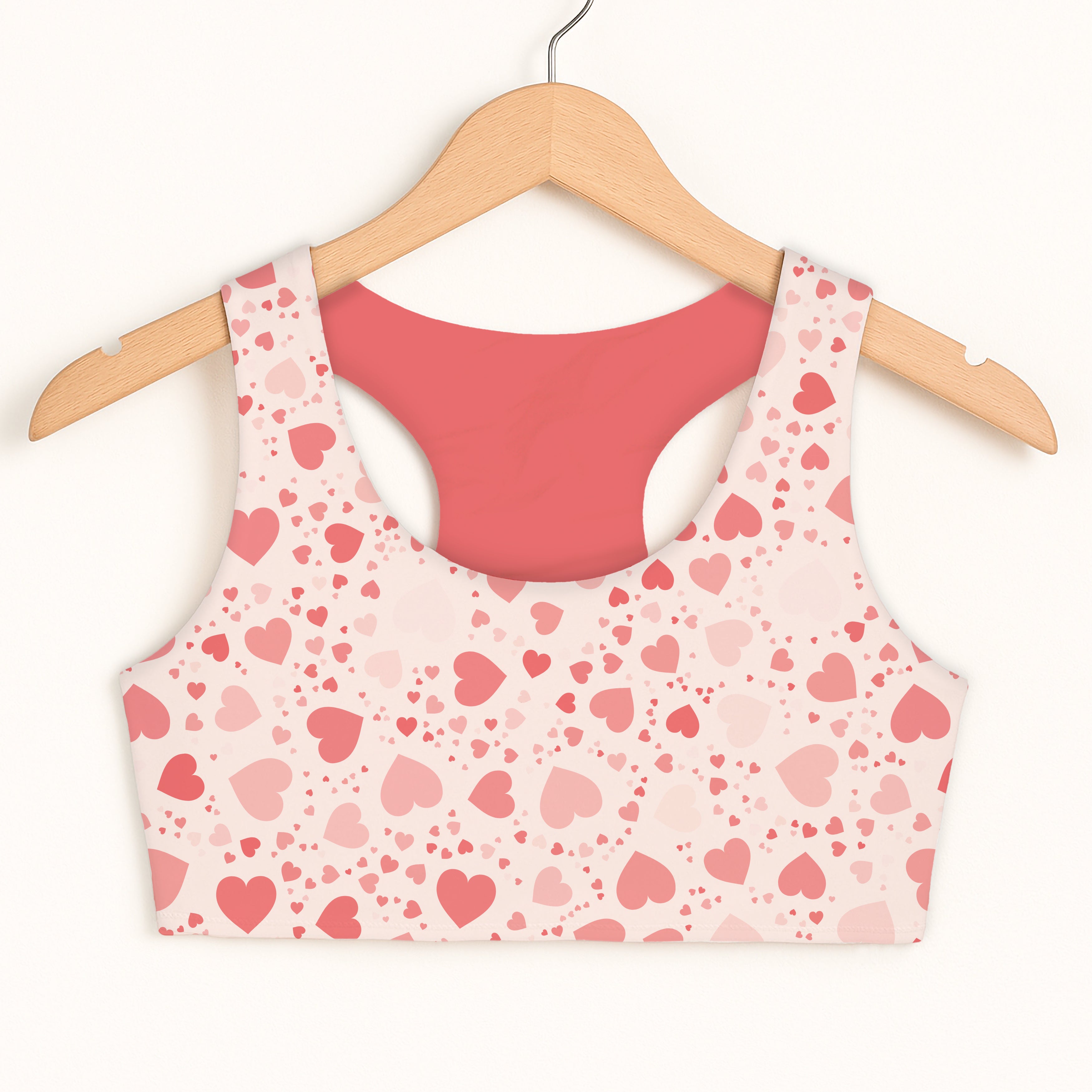 Girls pink hearts sports bra with quick-drying fabric double-layered comfort and solid coral interior lining