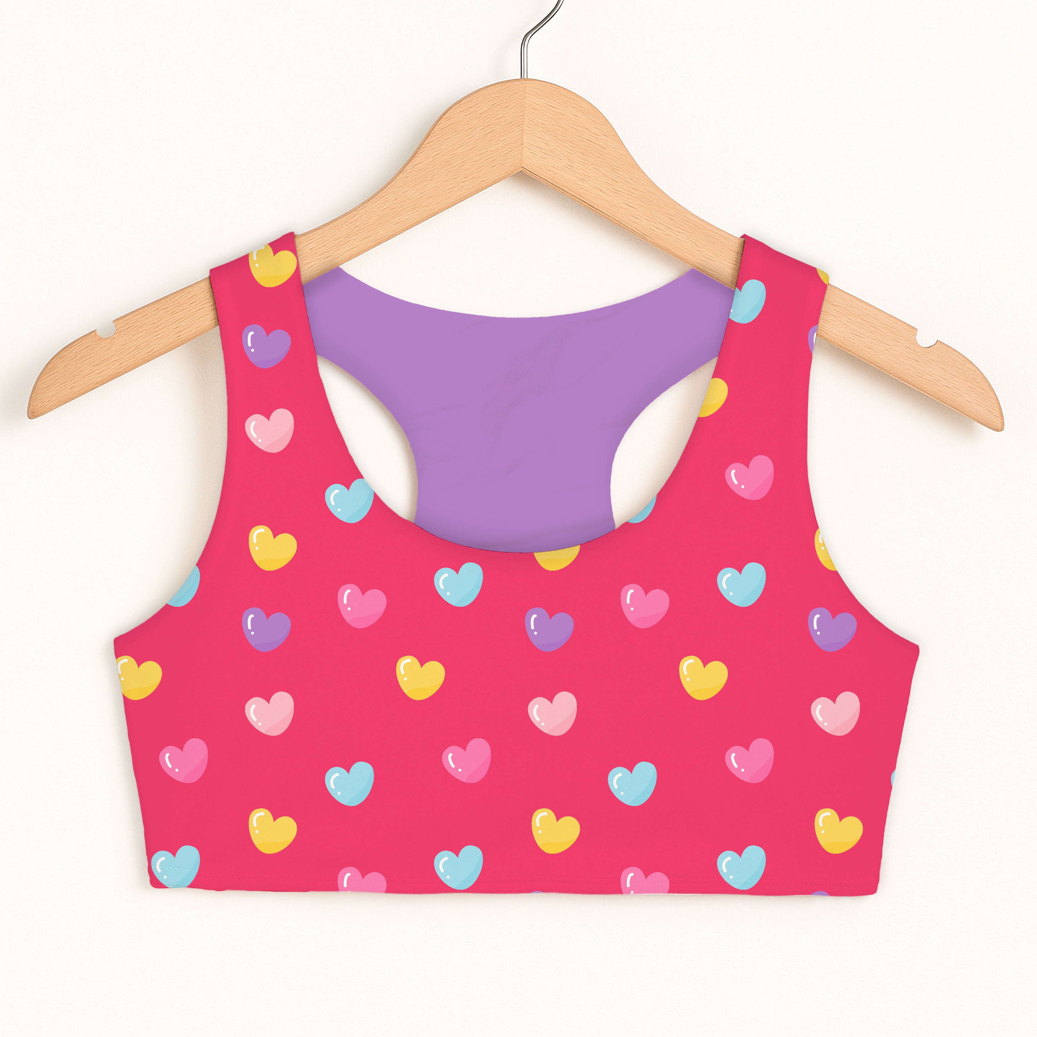 Girls colorful heart sports bra quick drying with multicolored heart pattern and solid lavender double layered comfort lining
