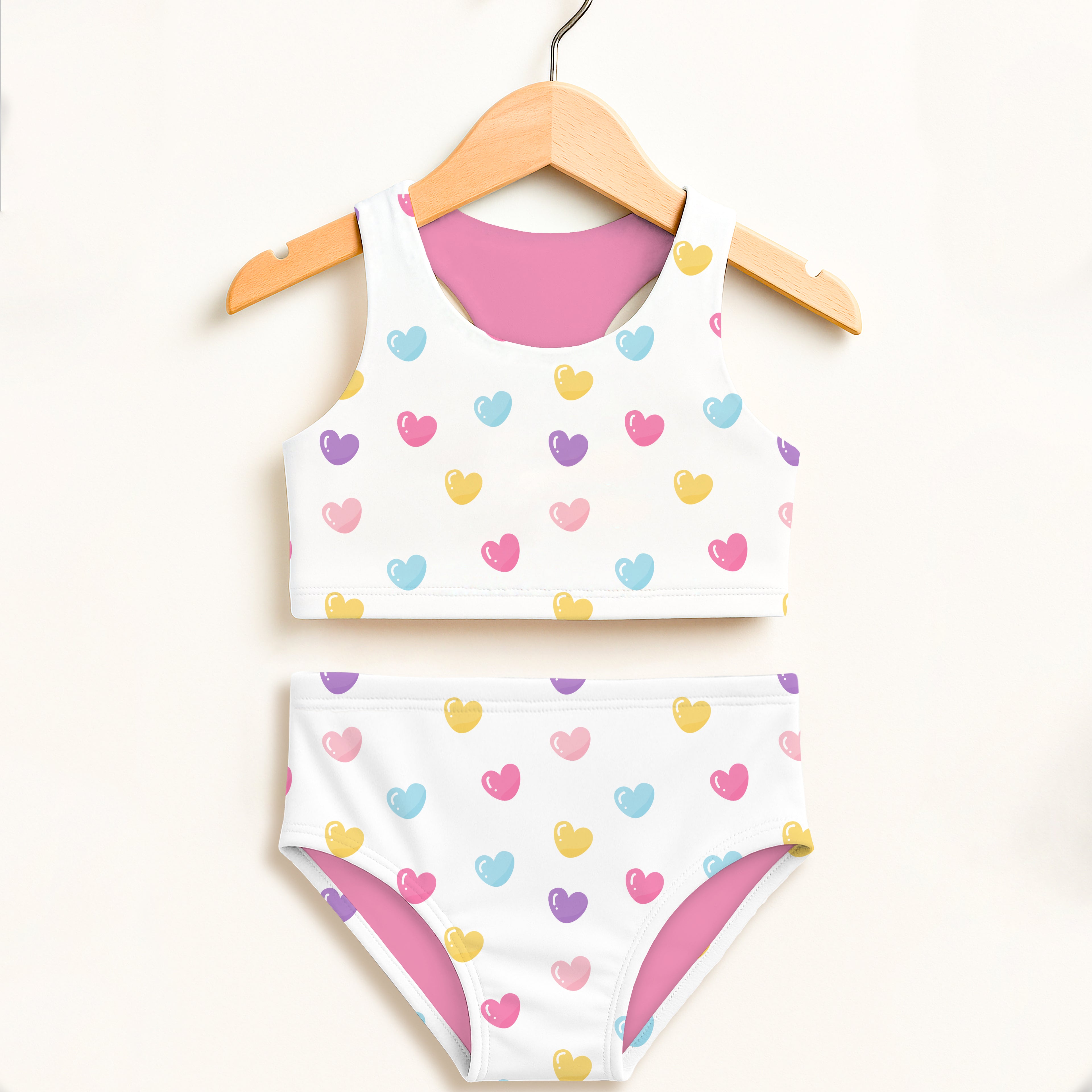Girls pastel hearts two piece swimsuit with playful pastel heart pattern and solid pink lining high waisted comfort