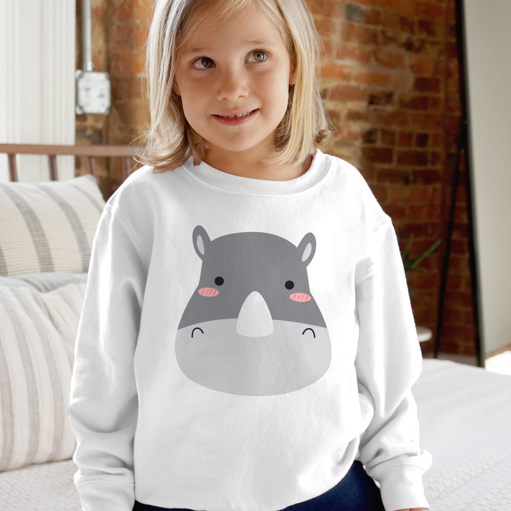 White long-sleeved fleece kids rhino sweatshirt with cute gray cartoon rhino for boys and girls