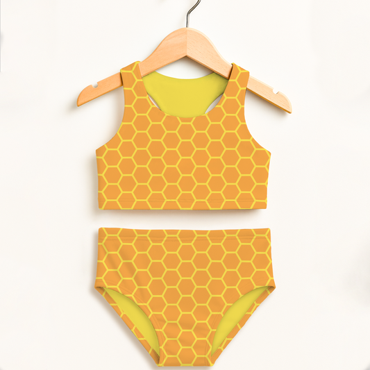 Girls Honeycomb Two Piece Swimsuit – High Waisted, Double Layered Comfort
