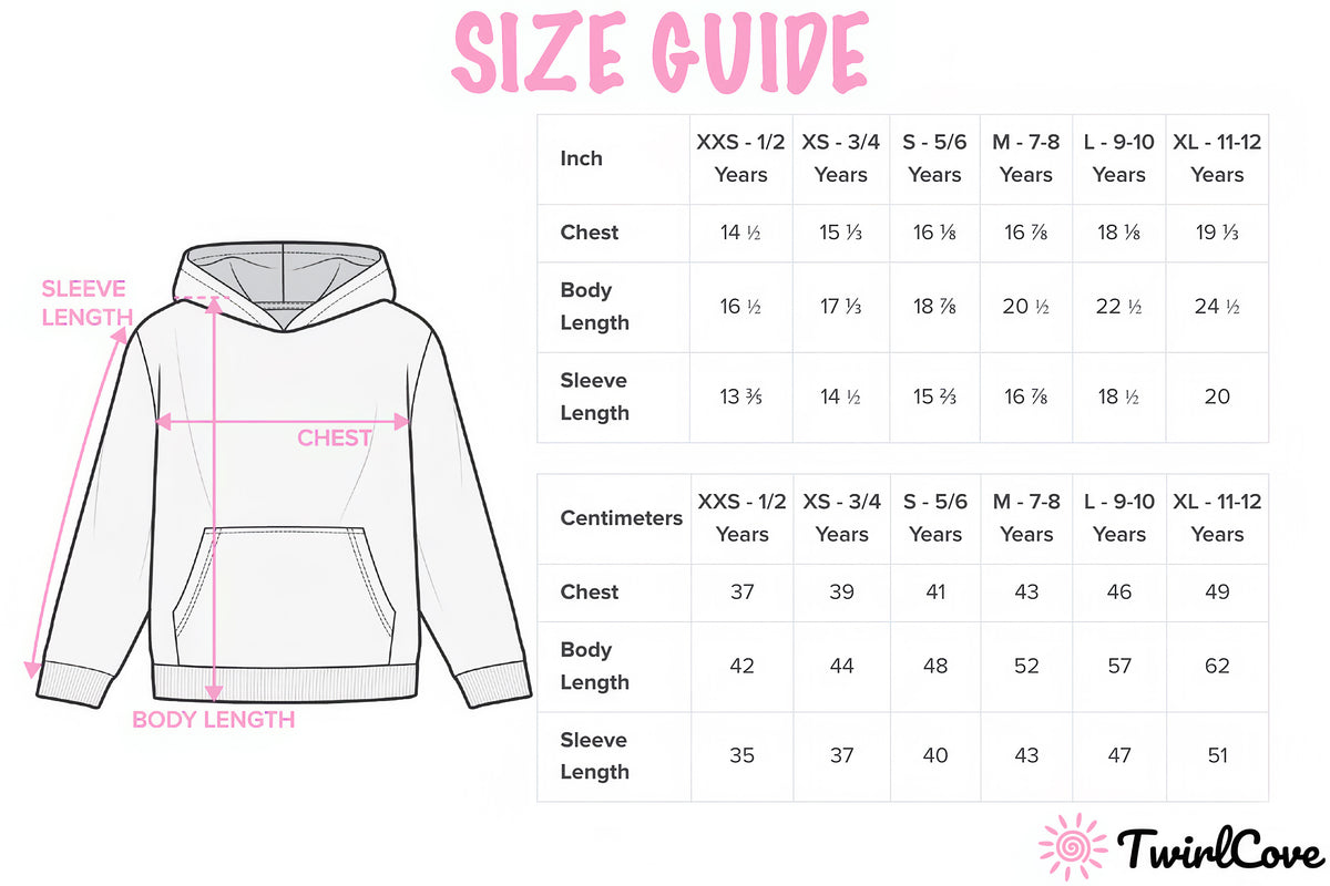 Size guide for Kids Blue Birthday Pattern Hoodie – Cozy Cotton Fleece or Lightweight Sports Fabric