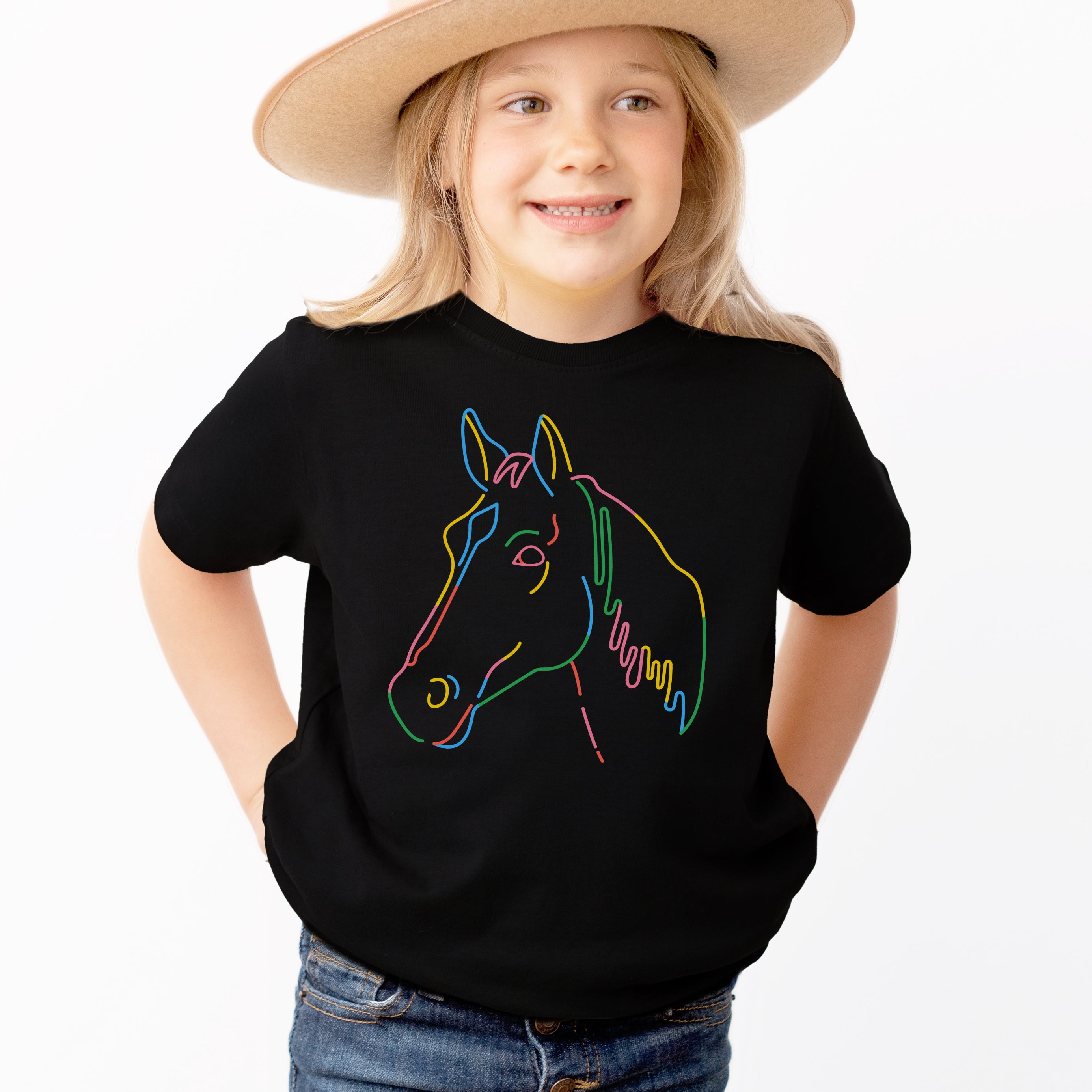 Kids Colorful Horse Outline T-Shirt - Soft Lightweight Cotton Tee