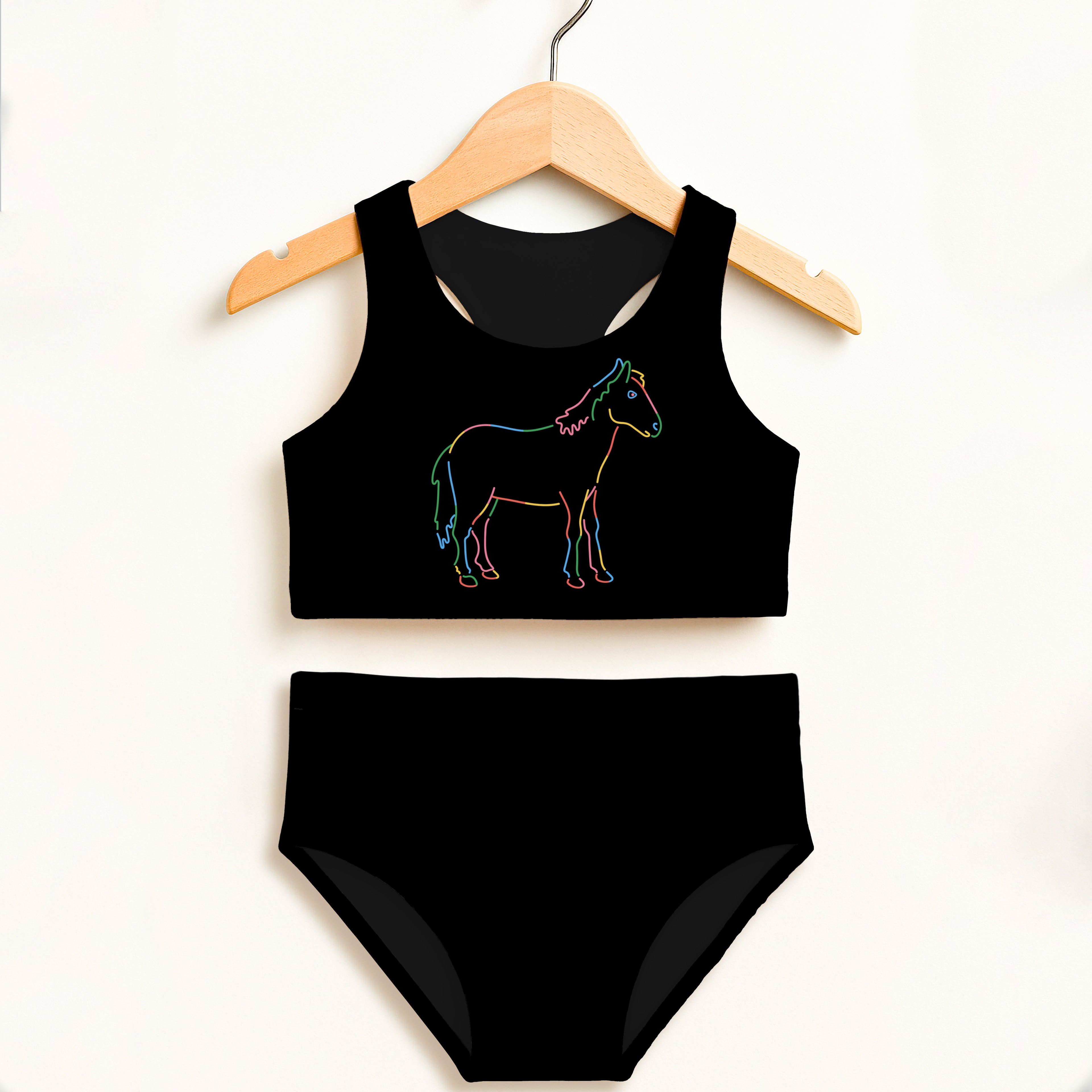 Girls black one-piece swimsuit with colorful neon horse outline featuring double layered UPF 50+ high waist design