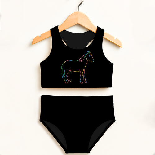 Girls black one-piece swimsuit with colorful neon horse outline featuring double layered UPF 50+ high waist design