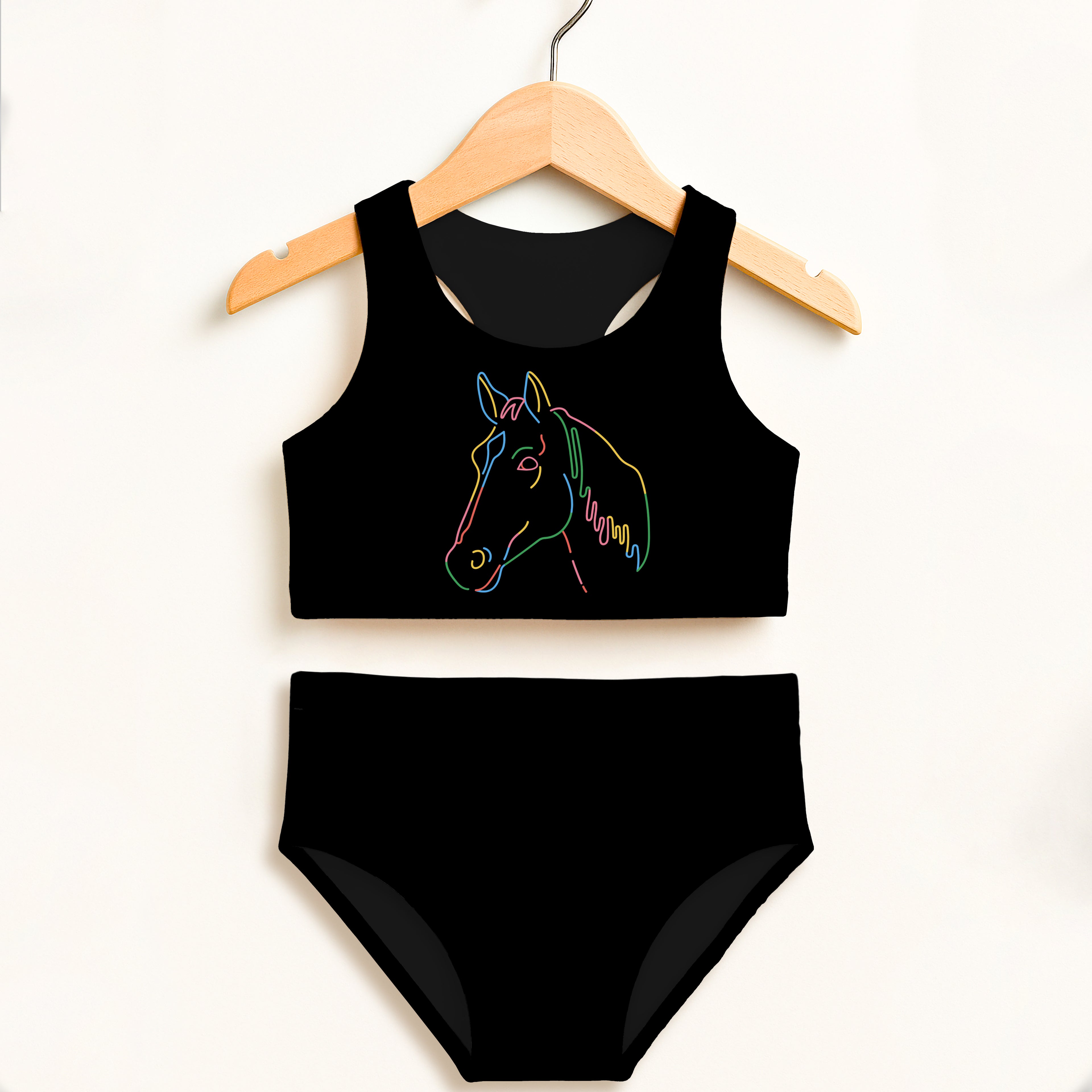 Black girls two-piece swimsuit with neon horse head design on top double layered UPF 50 plus high waisted comfort