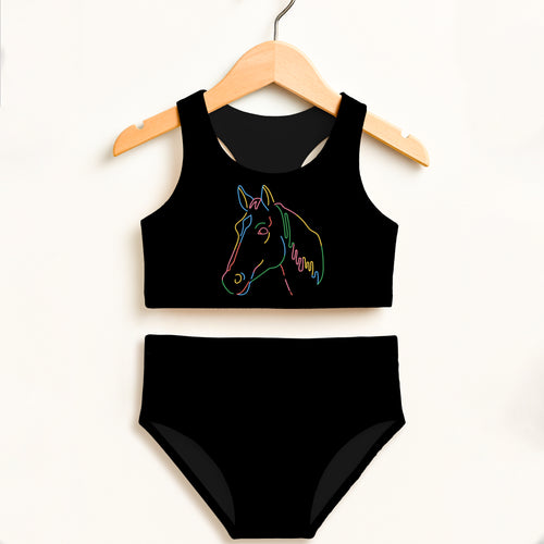 Black girls two-piece swimsuit with neon horse head design on top double layered UPF 50 plus high waisted comfort