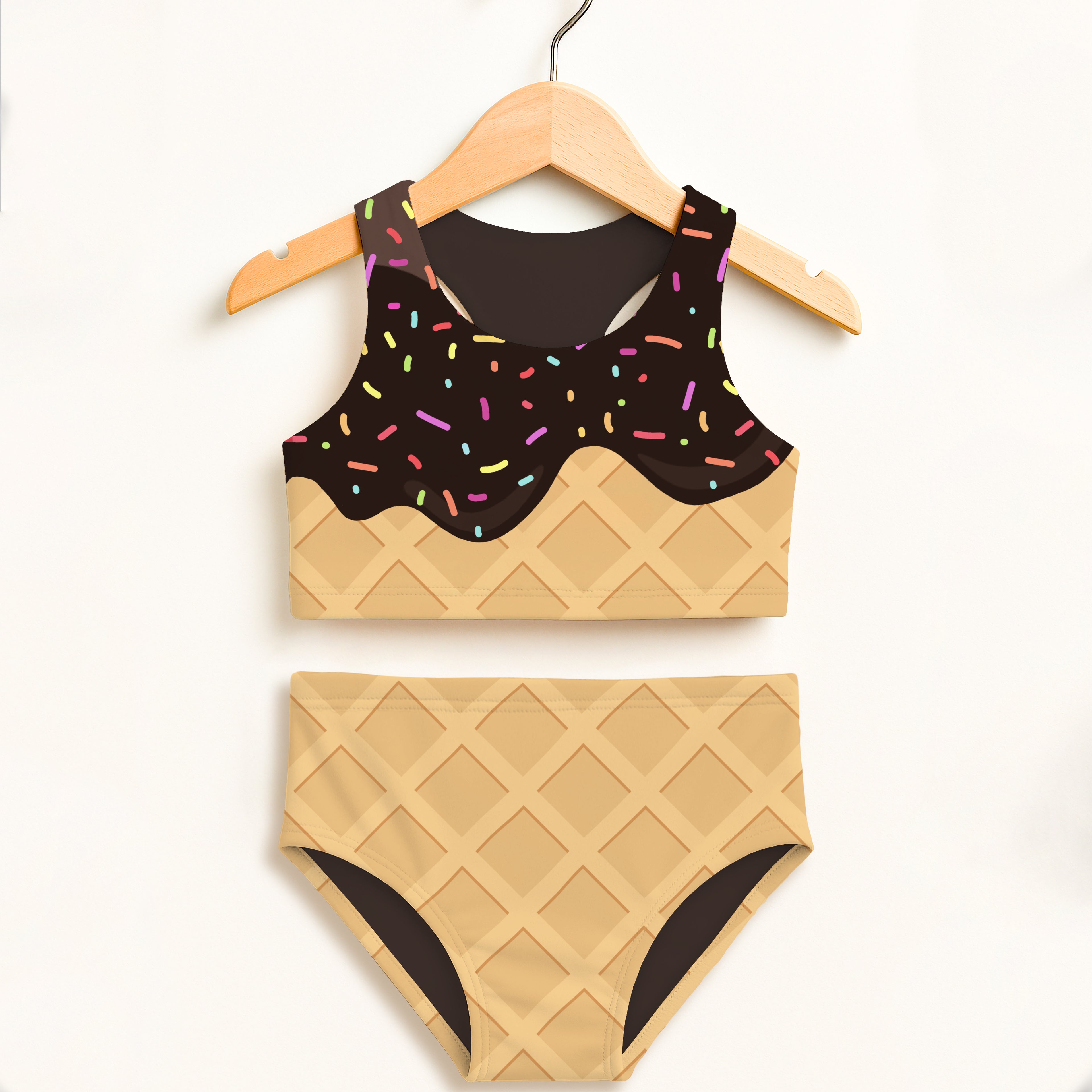 Girls chocolate ice cream waffle cone two piece swimsuit with black chocolate sprinkle top and tan waffle-patterned high waisted bottom