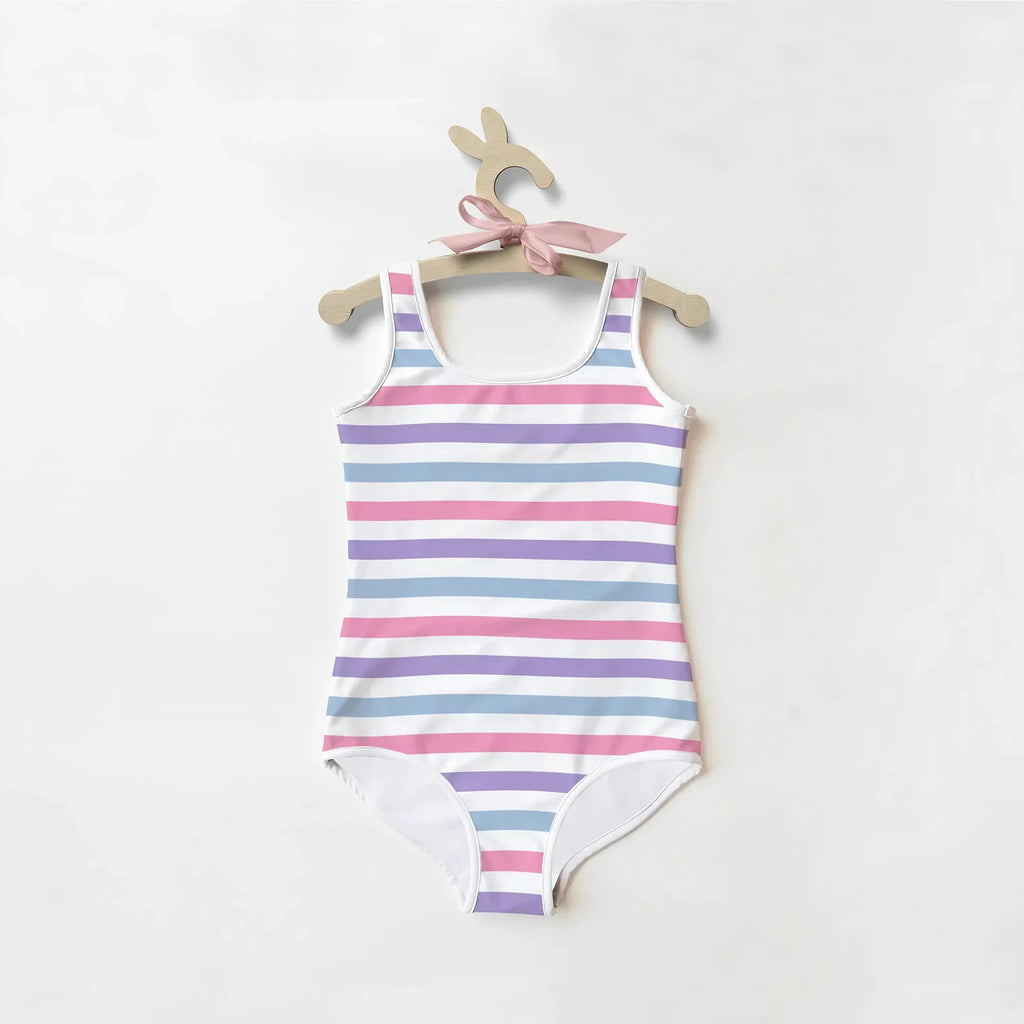 Girls pink blue purple and white striped buttery soft one-piece swimsuit with UPF 50 plus and pastel horizontal stripes