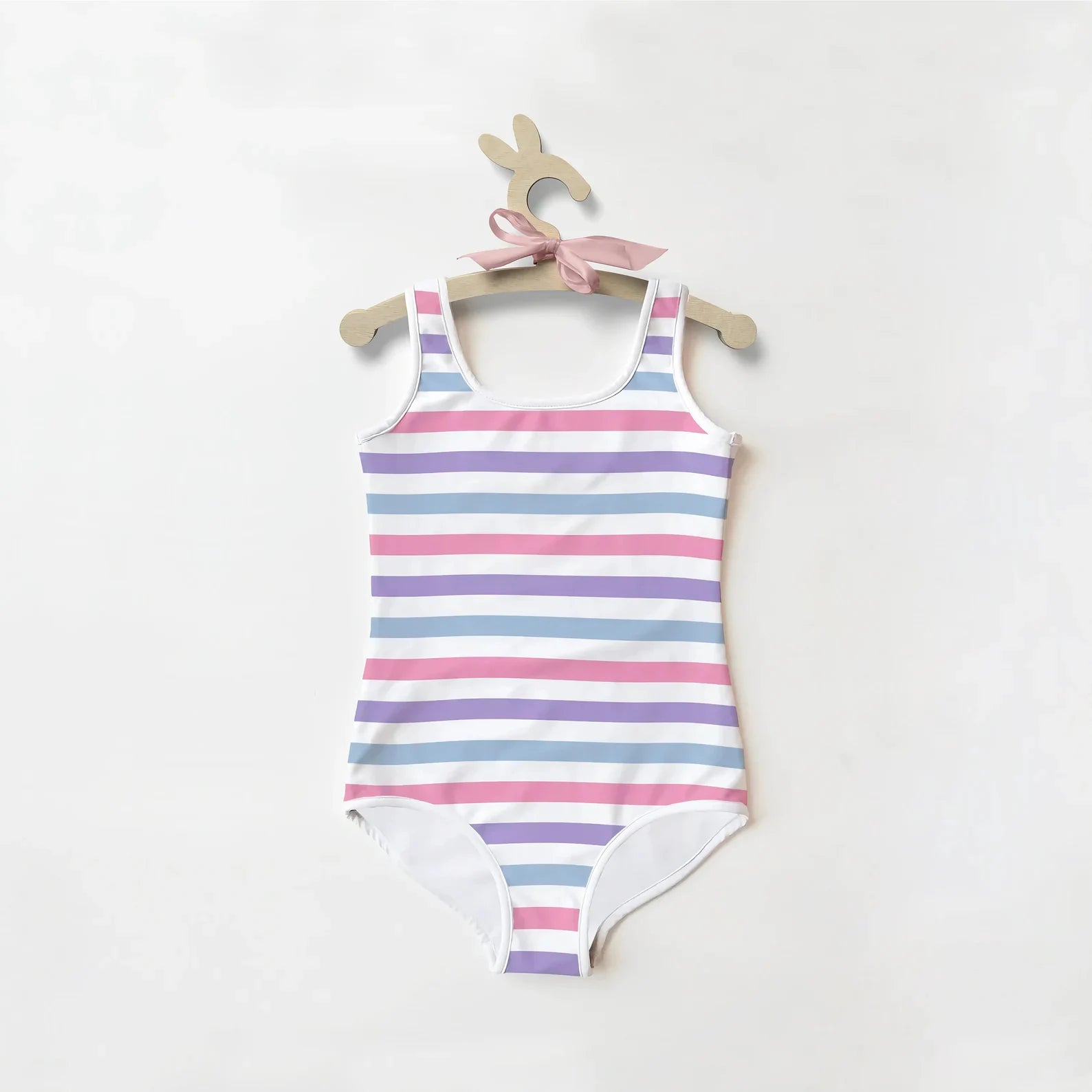 Girls pink blue purple and white striped buttery soft one-piece swimsuit with UPF 50 plus and pastel horizontal stripes