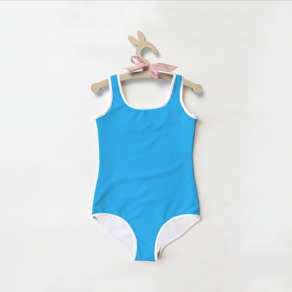 Girls buttery soft bright blue one-piece swimsuit with white trim and pink ribbon for UPF 50+ sun protection