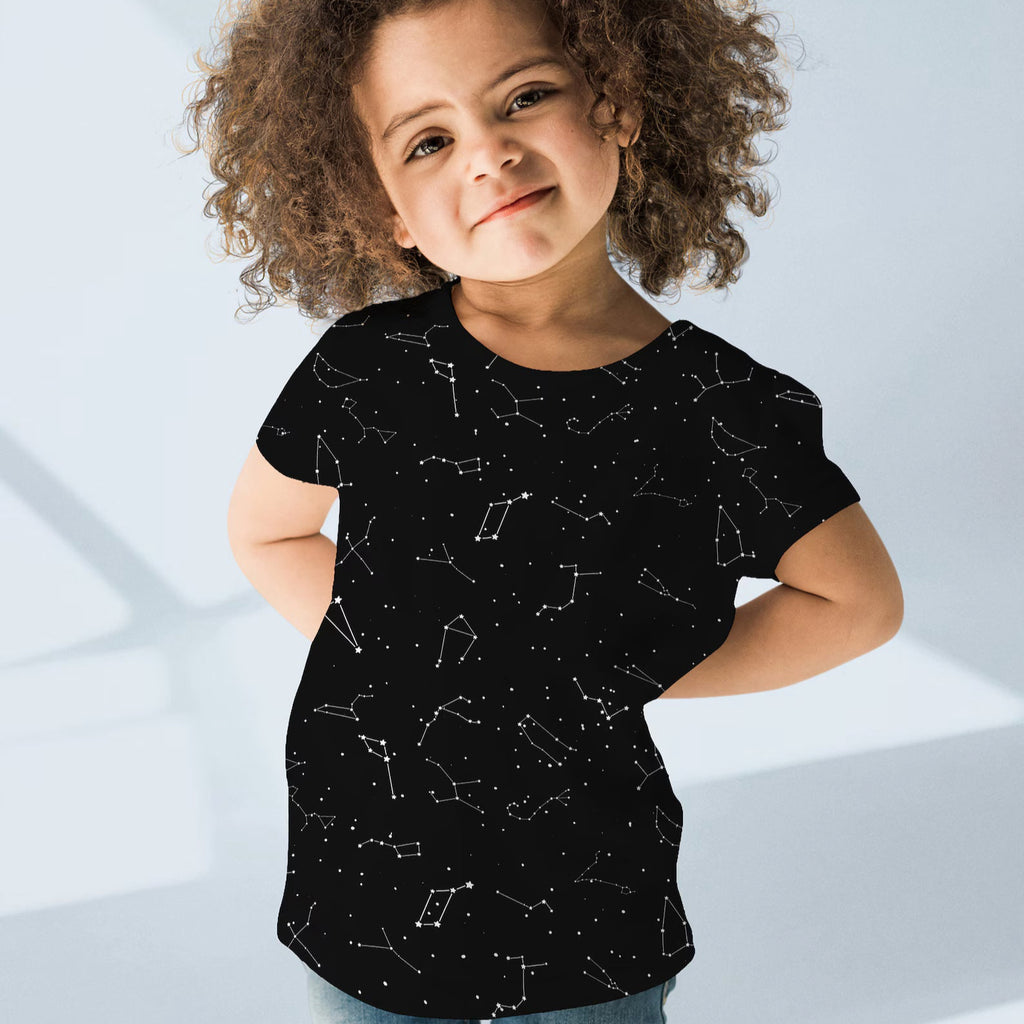 Kids realistic constellations t-shirt black short-sleeved cotton tee with white star pattern for kids