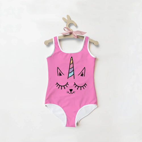 Girls caticorn unicorn buttery soft pink swimsuit with upf 50 featuring unicorn face design and white trim