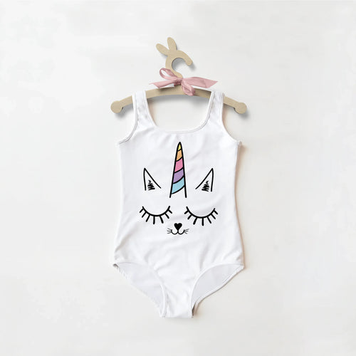 White girls buttery soft one-piece swimsuit with cartoon unicorn face rainbow horn and upf 50+ sun protection