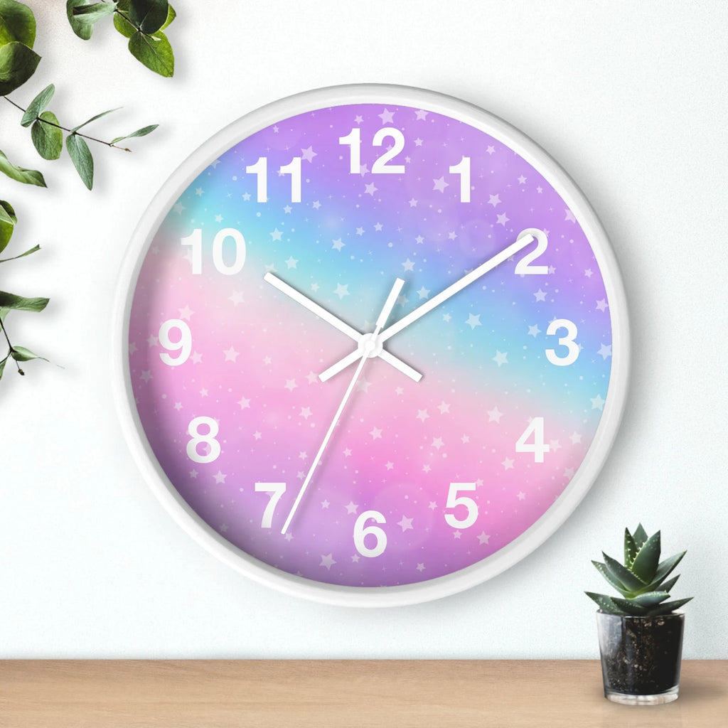 Girls Rainbow Stars Silent Wood Wall Clock