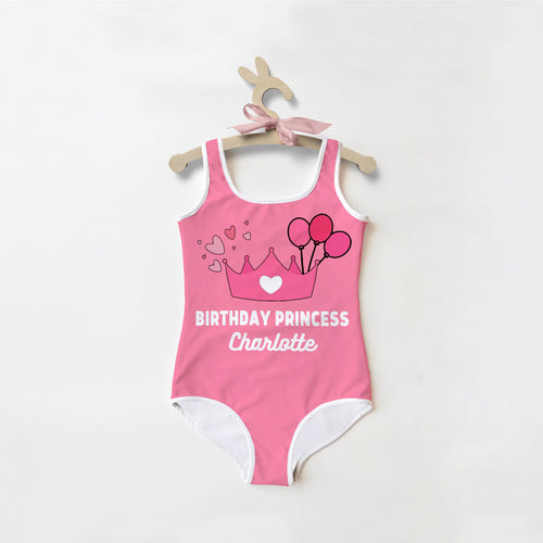 Pink girls birthday princess custom name one-piece swimsuit with white trim and crown balloon heart design