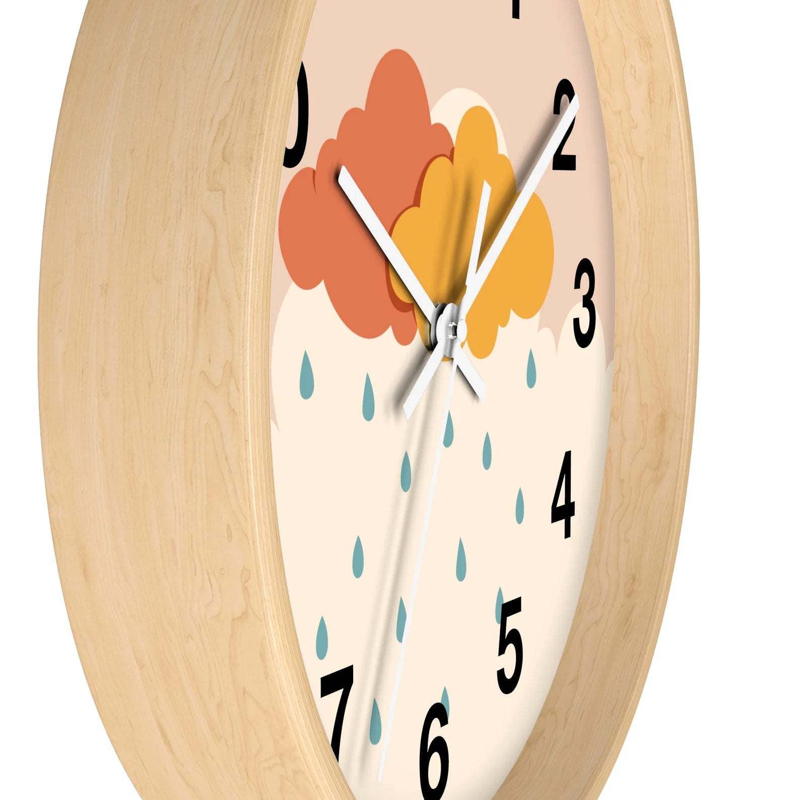 Raining clouds silent wood wall clock with round wooden frame pastel cream face orange yellow clouds and teal raindrops