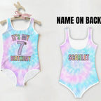 Girls Custom It's My Birthday Swimsuit – Faux Tie Dye Design With Age & Name On Back