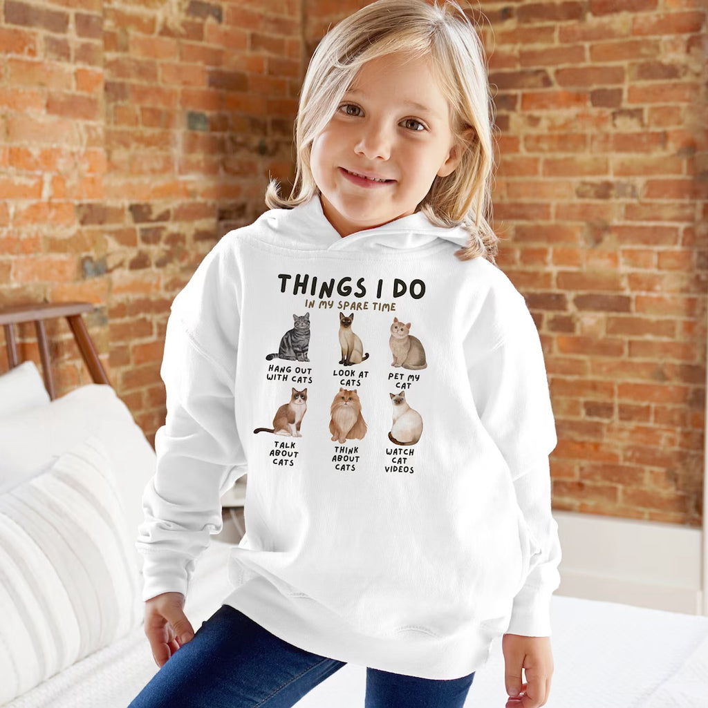 Kids white hooded sweatshirt with playful cat graphic showing six cats and text about leisure activities with felines