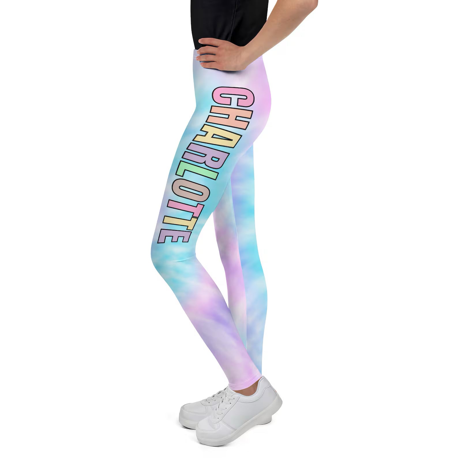 Girls faux tie dye buttery soft leggings in pastel with colorful custom name charlotte outlined along the side