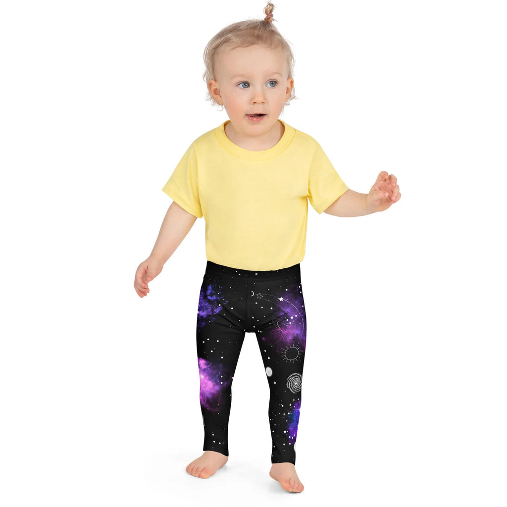 Kids nebula galaxy buttery soft black leggings with vibrant purple cosmic nebulae stars and celestial symbols design
